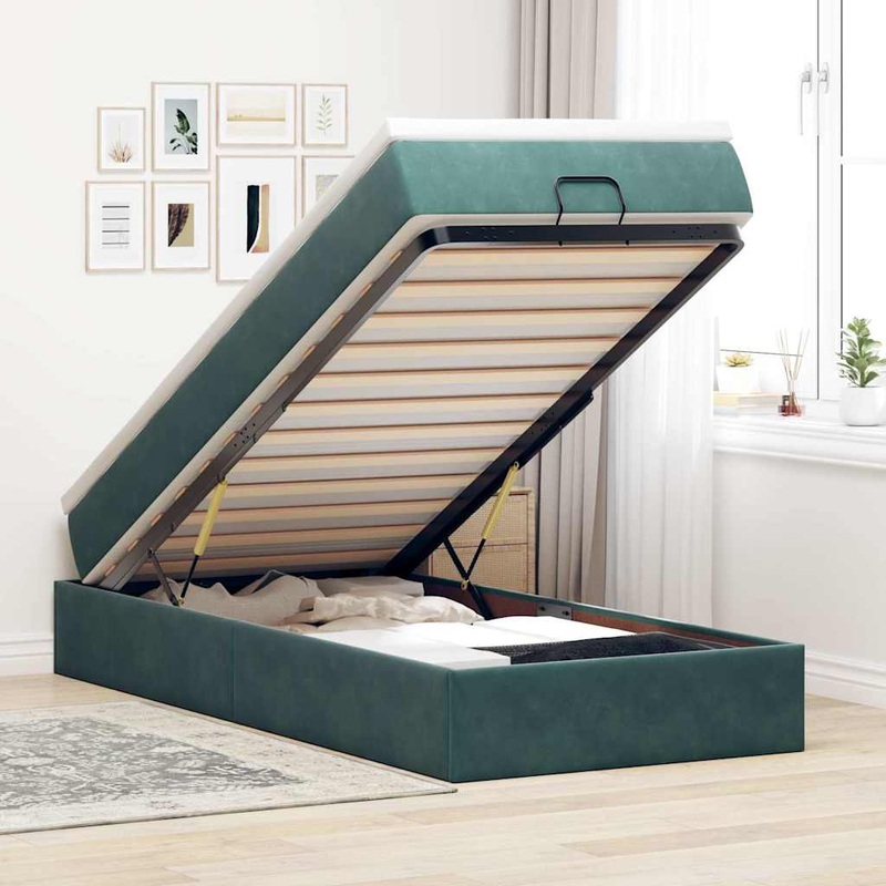 Cadre de lit ottoman avec matelas vert fonc 90x190 cm velours