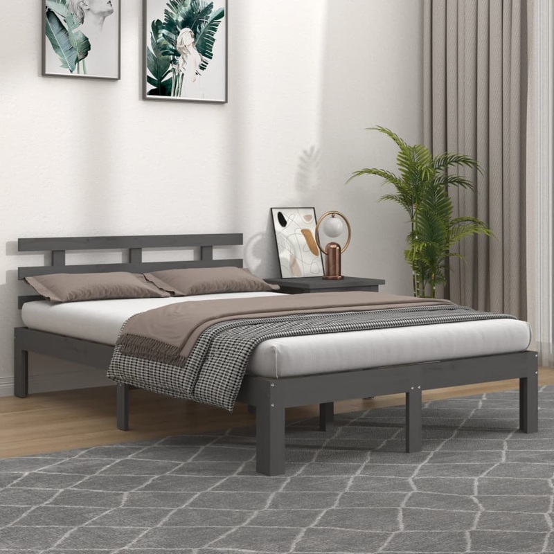 Cadre de lit sans matelas gris bois massif 150x200 cm