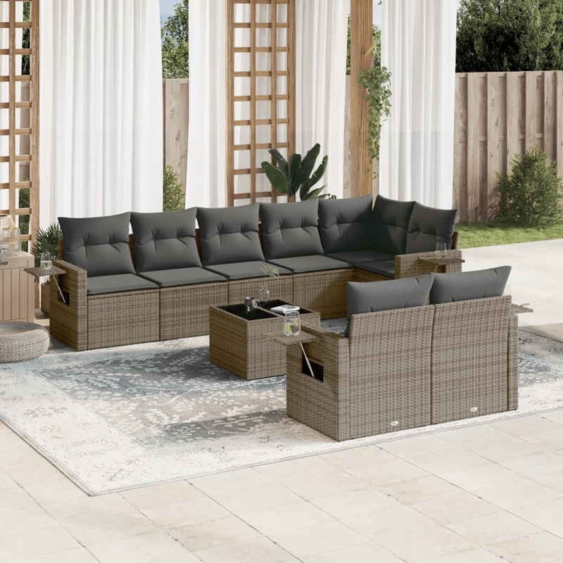 Salon de jardin 9 pcs avec coussins gris rsine tresse