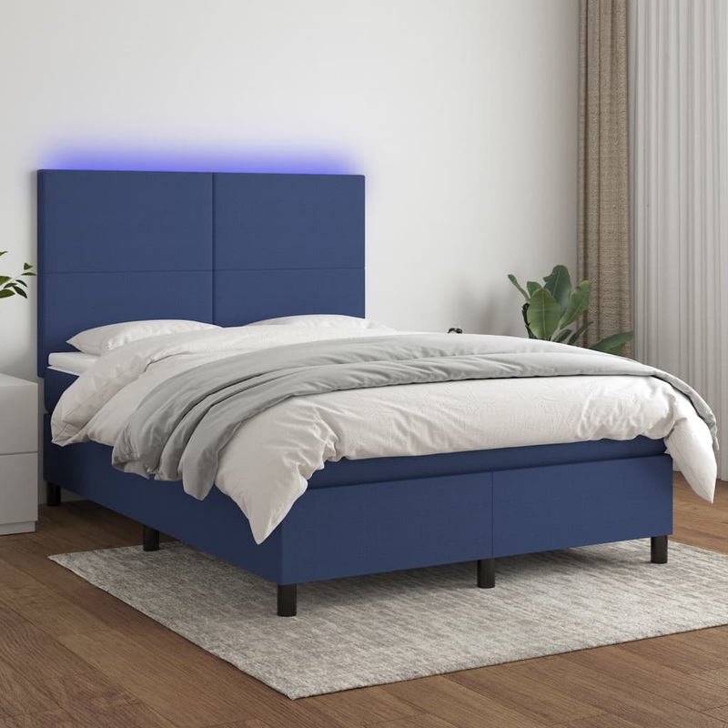 Sommier  lattes de lit et matelas et LED Bleu 140x190 cm Tissu