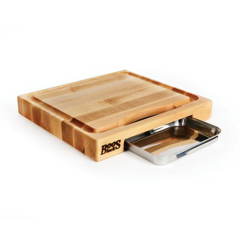 John Boos PM1514225-P 15" x 14" Maple Newton Prep Master Reversible Maple Cutting Board With Juice Groove & Stainless Pan