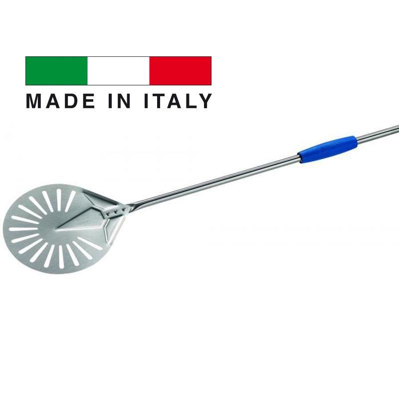 GI Metal I-20F/120 Azzurra 8 Stainless Steel Perforated Round Pizza Peel with 47 Handle