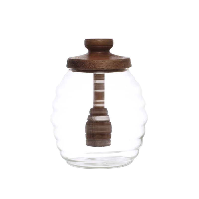 Glass Honey Jar w/ Acacia Wood Lid & Attached Honey Dipper
