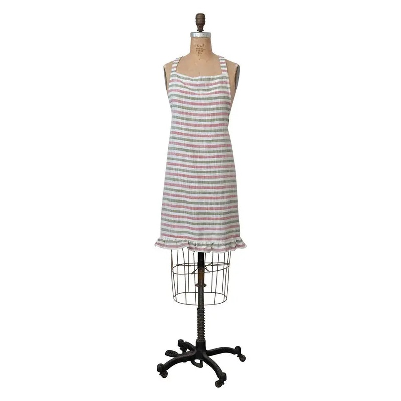 Holiday Woven Cotton Striped Apron with Ruffle 32"L x 28"W