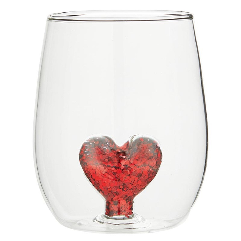 Red Heart Glitter Figurine Stemless Wine Glass