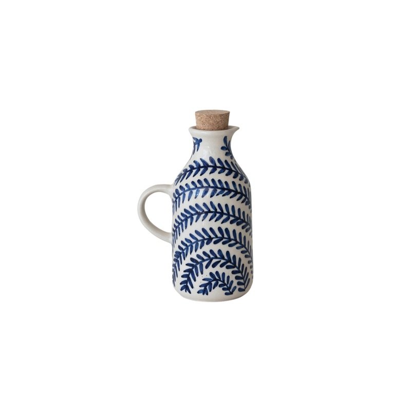 Blue and Cream Hand-Painted Stoneware Oil Cruet with Cork Stopper