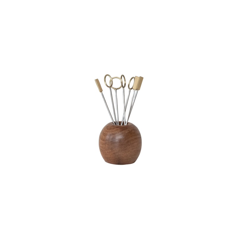 Brass Appetizer Picks with Wood Holder