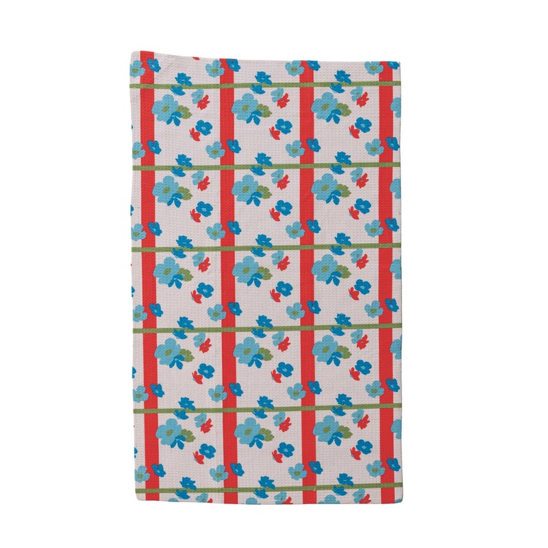 Printed Recycled Microfibre Tea Towel w/ Floral & Stripe Pattern dt