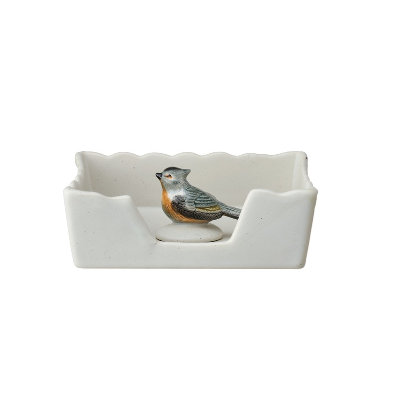 Stoneware Napkin Holder w/ Bird Shaped Weight, Set of 2