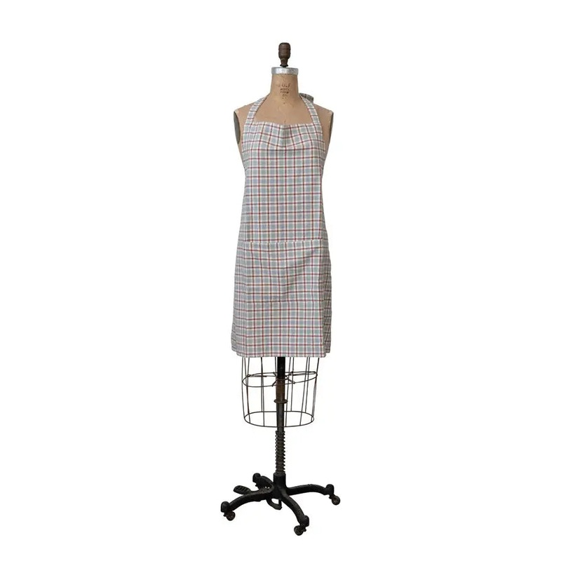Holiday Woven Cotton Apron with Grid Pattern, Grey and Sienna Color 32"L x 28"W