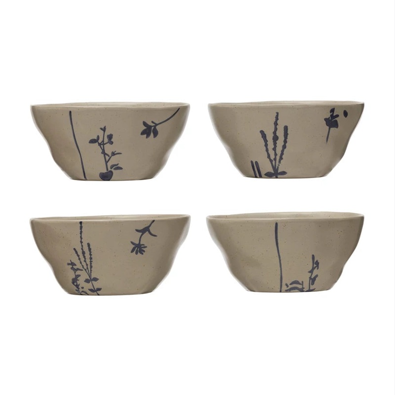 Hand-Stamped Stoneware Bowl w/ Botanical Designs
