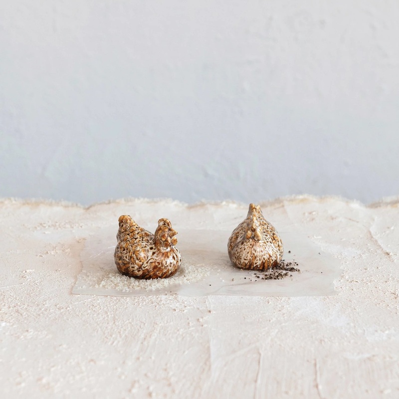 Stoneware Hen Shaped Salt & Pepper Shakers, Set of 2 (Each One Will Vary)