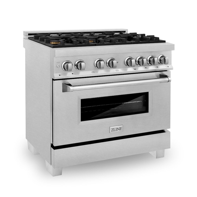 ZLINE 36 in. 4.6 cu. ft. Legacy Dual Fuel Range with Gas Cooktop and Electric Convection Oven in Satin Stainless Steel with 6 Brass Burners (RAS-SN-BR-36)