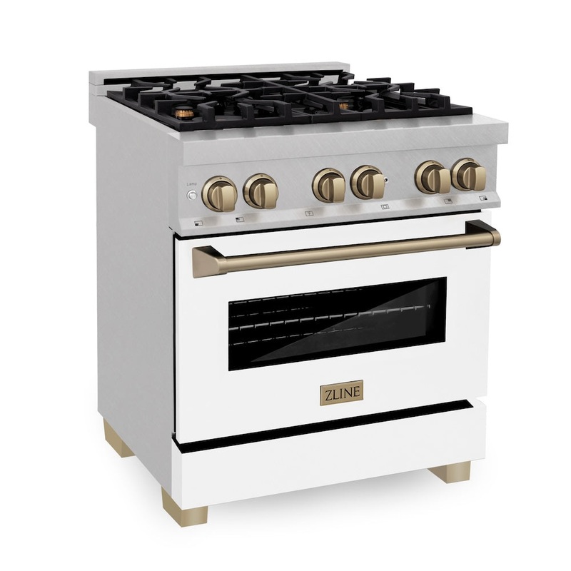 ZLINE Autograph Edition 30 in. 4.0 cu. ft. Legacy Dual Fuel Range with 4 Burner Gas Cooktop and Electric Convection Oven in Satin Stainless Steel with White Matte Door and Matte Black Accents (RASZ-WM-30-MB)