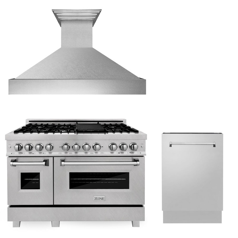 ZLINE 48 in. Kitchen Package with Satin Stainless Dual Fuel Range, Ducted Vent Range Hood and Tall Tub Dishwasher (3KP-RASRH48-DWV)