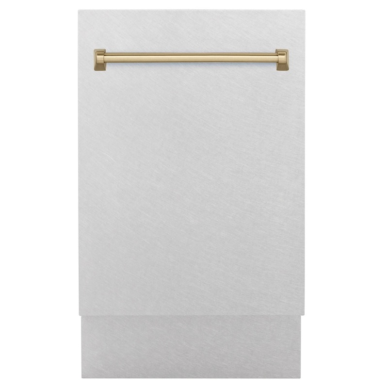 ZLINE Autograph Edition 18 in. Tallac Series 3rd Rack Top Control Built-In Dishwasher with Satin Stainless Steel Panel and Champagne Bronze Handle, 51dBa (DWVZ-SN-18-CB)