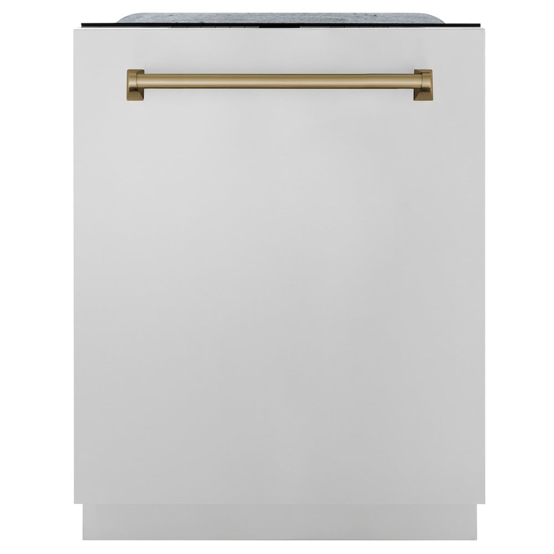 ZLINE Autograph Edition 24 in. Monument Series 3rd Rack Top Touch Control Tall Tub Dishwasher in Stainless Steel with Champagne Bronze Handle, 45dBa (DWMTZ-304-24-CB)