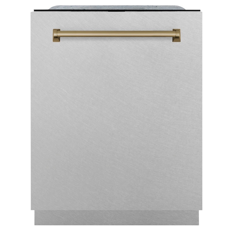 ZLINE Autograph Edition 24 in. Monument Series 3rd Rack Top Touch Control Tall Tub Dishwasher with Satin Stainless Steel Panel and Champagne Bronze Handle, 45dBa (DWMTZ-SN-24-CB)