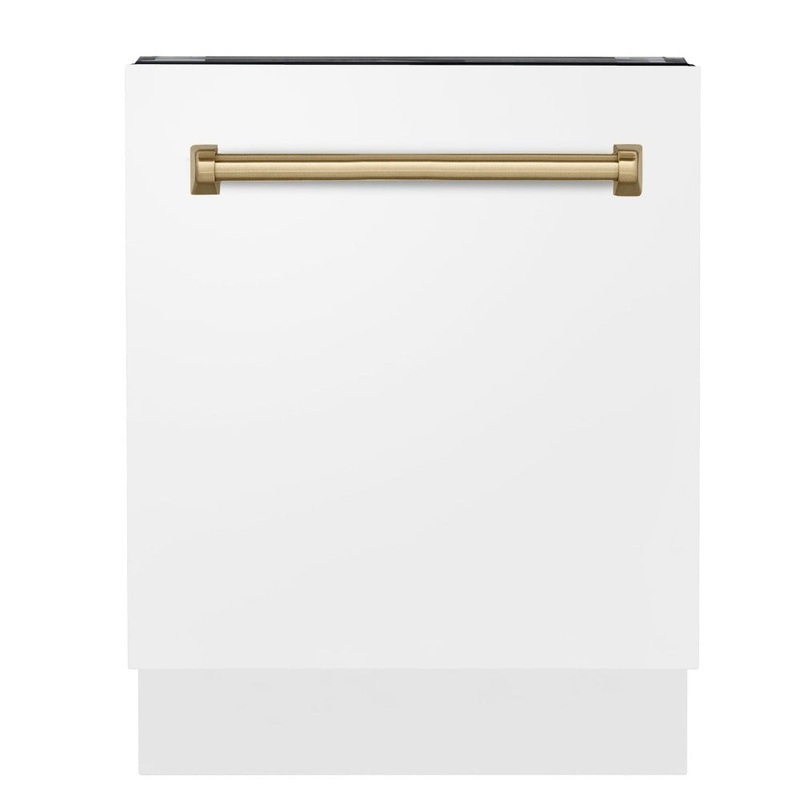ZLINE Autograph Edition 24 in. Tallac Series 3rd Rack Top Control Built-In Tall Tub Dishwasher in White Matte with Champagne Bronze Handle, 51dBa (DWVZ-WM-24-CB)
