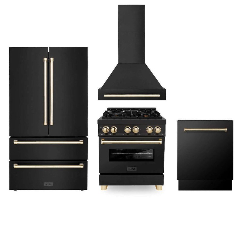 ZLINE Autograph Edition 30 in. Kitchen Package with Black Stainless Steel Dual Fuel Range, Range Hood, Dishwasher and Refrigeration with Champagne Bronze Accents (4AKPR-RABRHDWV30-CB)