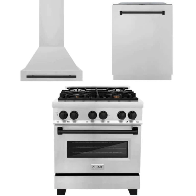 ZLINE Autograph Edition 30 in. Kitchen Package with Stainless Steel Dual Fuel Range, Range Hood and Dishwasher with Matte Black Accents (3AKP-RARHDWM30-MB)