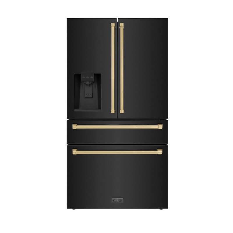 ZLINE Autograph Edition 36 in. 21.6 cu. ft. Counter-Depth French Door Refrigerator with Water and Ice Dispenser in Fingerprint-Resistant Stainless Steel with Champagne Bronze Traditional Handles (RFMZ-W-36-CB)