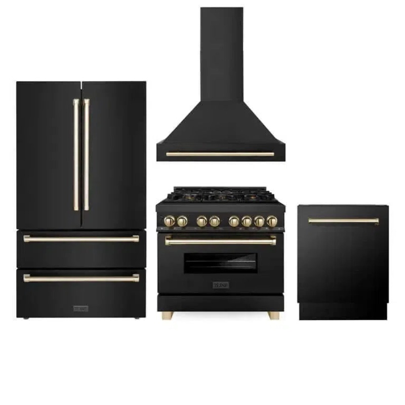 ZLINE Autograph Edition 36 in. Kitchen Package with Black Stainless Steel Dual Fuel Range, Range Hood, Dishwasher and Refrigeration with Champagne Bronze Accents (4AKPR-RABRHDWV36-CB)