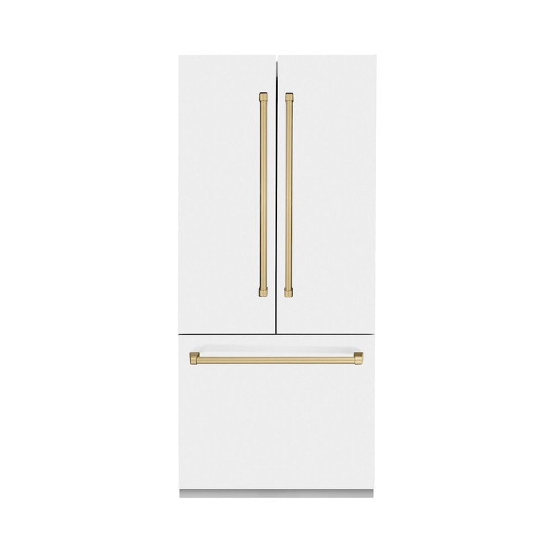 ZLINE Autograph Edition 36 in. 19.6 cu. ft. French Door Built-In Bottom Freezer Refrigerator with Water Dispenser and Ice Maker in White Matte with Champagne Bronze Accents (RBIVZ-WM-36-CB)