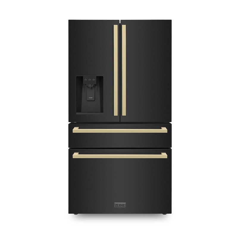 ZLINE Autograph Edition 36 in. 21.6 cu. ft. Counter-Depth French Door Refrigerator with Water and Ice Dispenser in Fingerprint-Resistant Stainless Steel with Champagne Bronze Modern Handles (RFMZ-W-36-FCB)