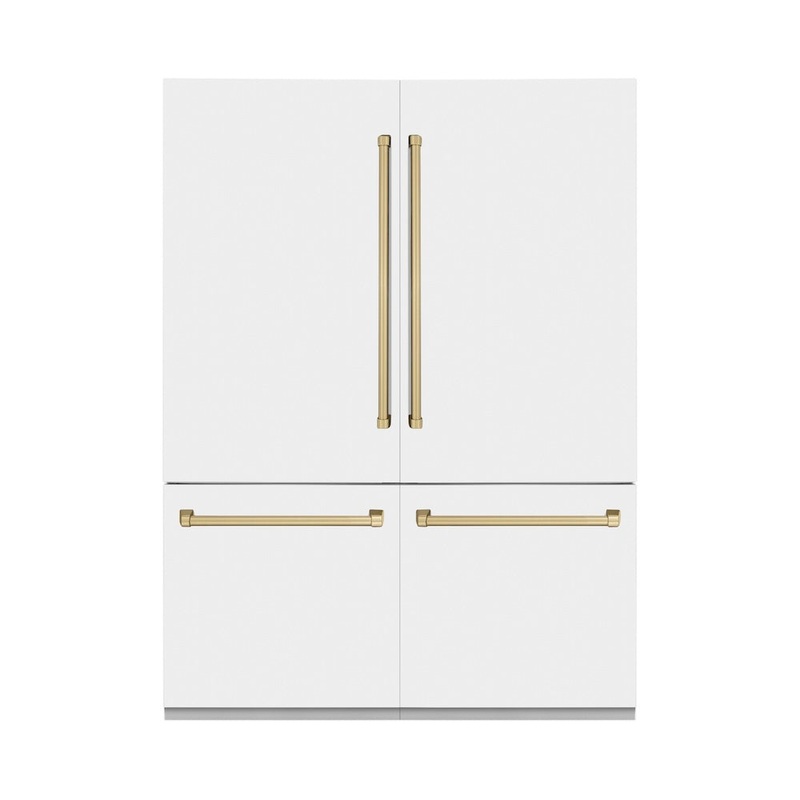 ZLINE Autograph Edition 60 in. 32.2 cu. ft. French Door Built-In Bottom Freezer Refrigerator with Water Dispenser and Ice Maker in White Matte with Champagne Bronze Accents (RBIVZ-WM-60-CB)