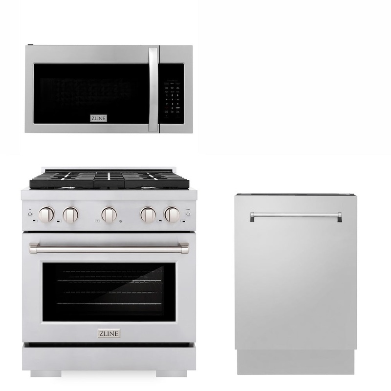 ZLINE 30 in. Kitchen Package with Stainless Steel Gas Range, Modern Over The Range Microwave and Tall Tub Dishwasher (3KP-SGROTR30-DWV)