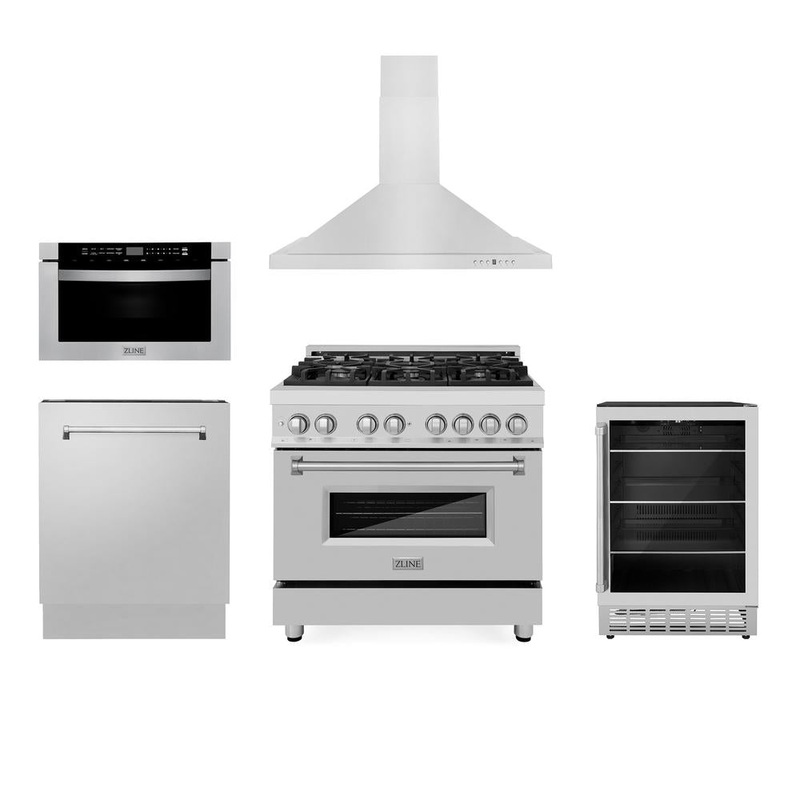 ZLINE 36 in. Kitchen Package with Stainless Steel Dual Fuel Range, Range Hood, Microwave Drawer, Tall Tub Dishwasher and Beverage Fridge (5KP-RARH36-MWDWV-RBV)