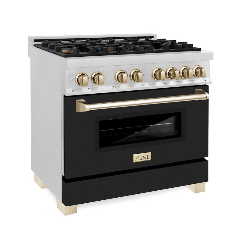 ZLINE Autograph Edition 36 in. 4.6 cu. ft. Legacy Dual Fuel Range with 6 Burner Gas Cooktop and Electric Convection Oven in Satin Stainless Steel with Black Matte Door and Champagne Bronze Accents (RASZ-BLM-36-CB)