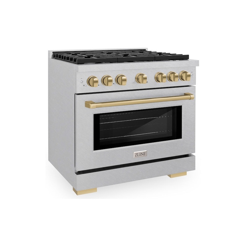 ZLINE Autograph Edition 36 in. 5.2 cu. ft. Paramount Gas Range with 6 Burner Cooktop and Convection Gas Oven in Satin Stainless Steel with White Matte Door and Polished Gold Accents (SGRSZ-WM-36-G)
