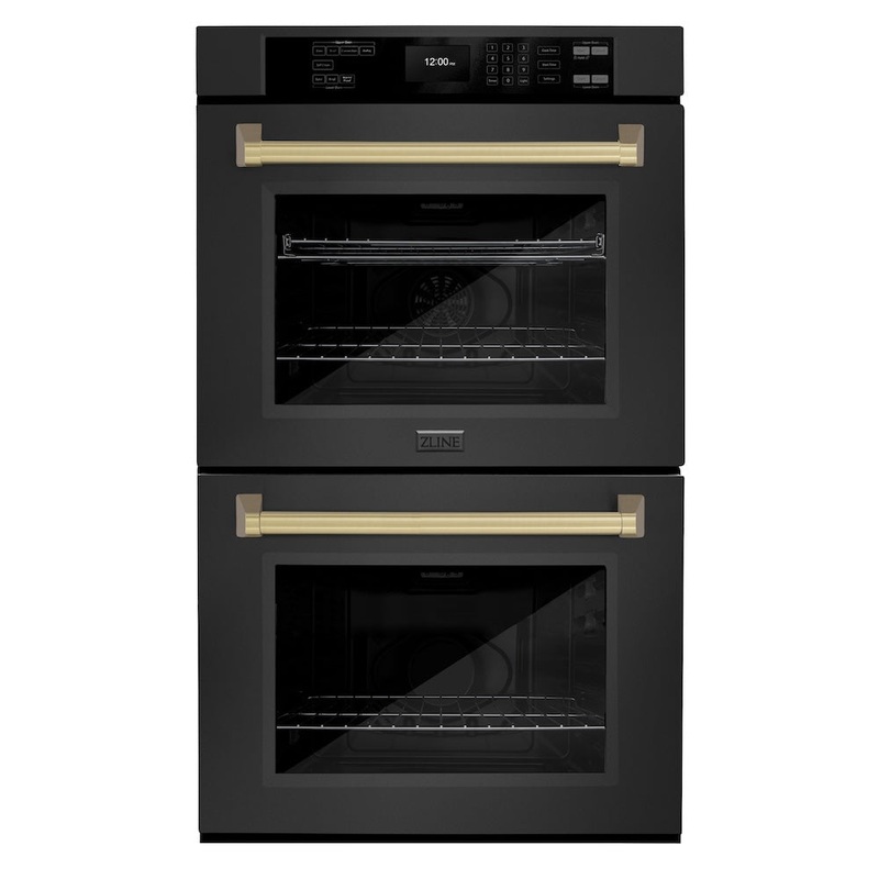 ZLINE Autograph Edition 30 in. Professional True Convection Double Wall Oven with Air Fry and Self Clean in Black Stainless Steel with Polished Gold Handles (WADBZ-30-G)