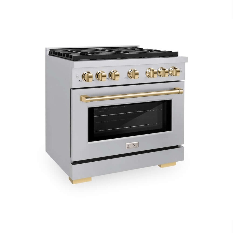 ZLINE Autograph Edition 36 in. 5.2 cu. ft. Paramount Dual Fuel Range with 6 Burner Gas Cooktop and Electric Convection Oven in Stainless Steel with Black Matte Door and Polished Gold Accents (SDRZ-BLM-36-G)