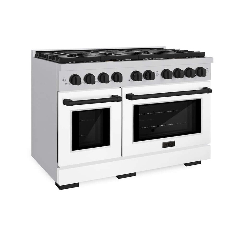 ZLINE Autograph Edition 48 in. 6.7 cu. ft. Paramount Double Oven Dual Fuel Range with 8 Burner Gas Cooktop in Stainless Steel with White Matte Doors and Champagne Bronze Accents (SDRZ-WM-48-CB)