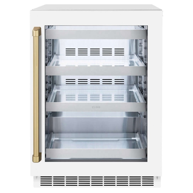 ZLINE Autograph Edition 24 in. Touchstone 151 Can Beverage Fridge With White Matte Glass Door And Champagne Bronze Handle (RBSOZ-WM-24-CB)