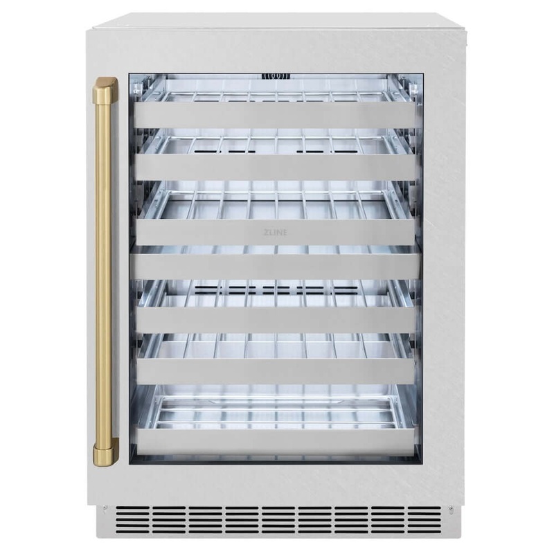 ZLINE Autograph Edition 24 in. Touchstone Dual Zone 44 Bottle Wine Cooler with Satin Stainless Steel Glass Door and Champagne Bronze Handle (RWDOZ-SN-24-CB)