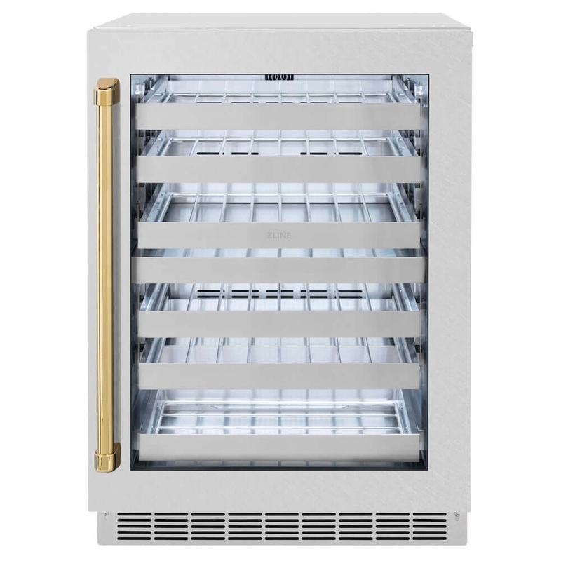 ZLINE Autograph Edition 24 in. Touchstone Dual Zone 44 Bottle Wine Cooler with Satin Stainless Steel Glass Door and Polished Gold Handle (RWDOZ-SN-24-G)