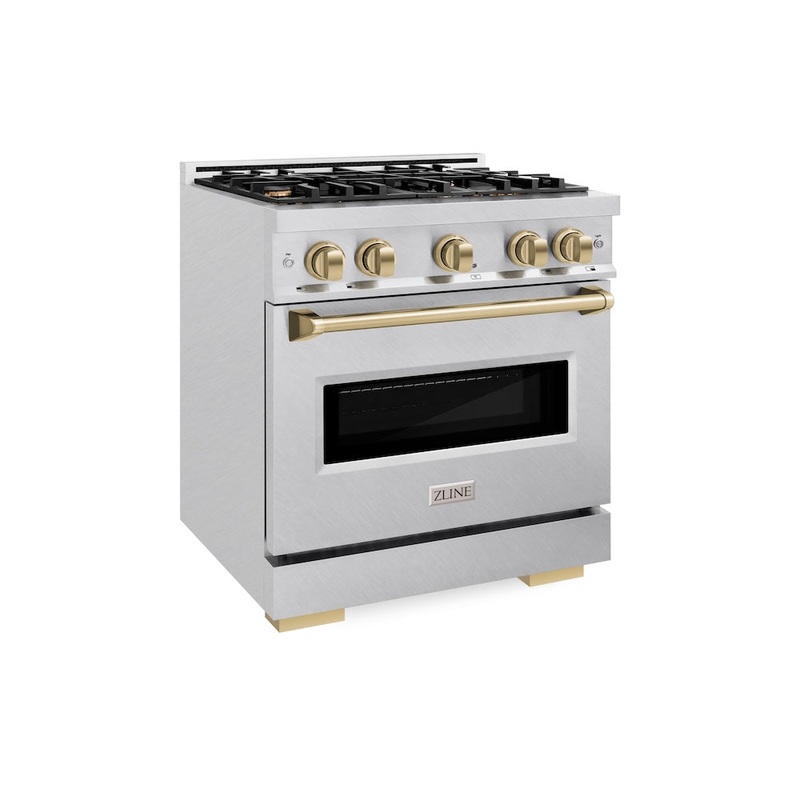 ZLINE Autograph Edition 30 in. 4.2 cu. ft. Classic Gas Range with 4 Burner Cooktop and Convection Gas Oven in Satin Stainless Steel and Champagne Bronze Accents (CGRSZ-30-CB)