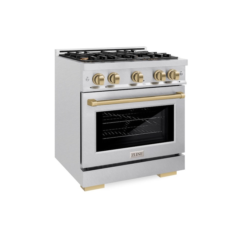 ZLINE Autograph Edition 30 in. 4.2 cu. ft. Select Gas Range with 4 Burner Cooktop and Convection Gas Oven in Satin Stainless Steel and Polished Gold Accents (HGRSZ-30-G)