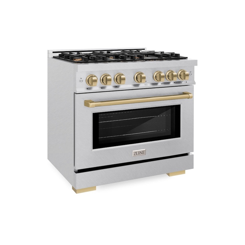 ZLINE Autograph Edition 36 in. 5.2 cu. ft. Select Gas Range with 6 Burner Cooktop and Convection Gas Oven in Satin Stainless Steel with White Matte Door and Champagne Bronze Accents (HGRSZ-WM-36-CB)