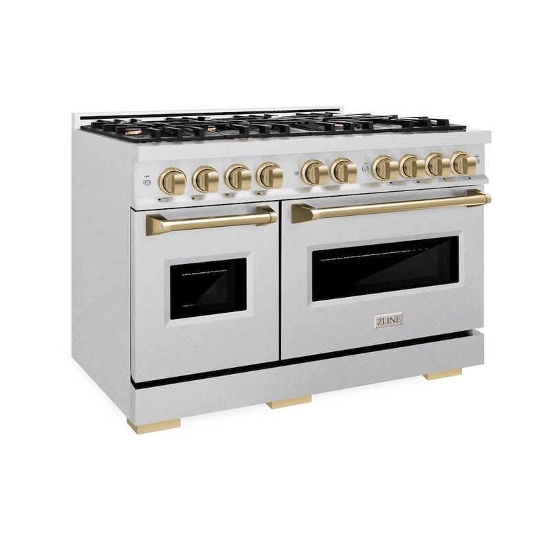 ZLINE Autograph Edition 48 in. 6.7 cu. ft. Classic Double Oven Dual Fuel Range with 8 Burner Gas Cooktop in Satin Stainless Steel and Polished Gold Accents (CDRSZ-48-G)