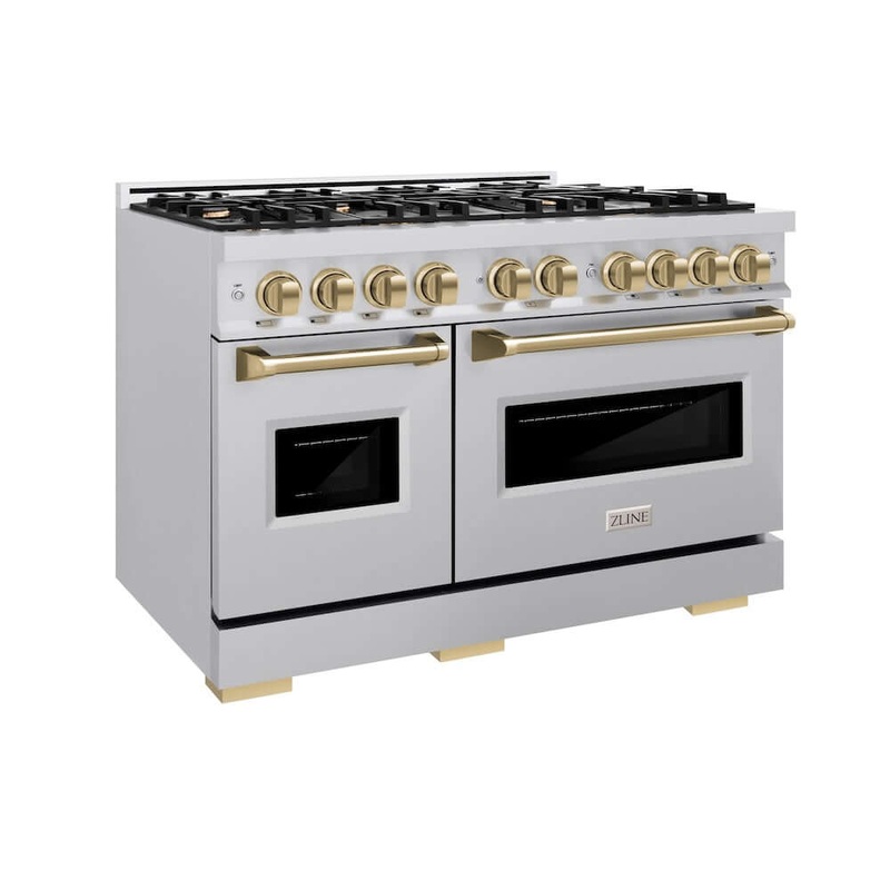 ZLINE Autograph Edition 48 in. 6.7 cu. ft. Classic Double Oven Dual Fuel Range with 8 Burner Gas Cooktop in Stainless Steel and Champagne Bronze Accents (CDRZ-48-CB)