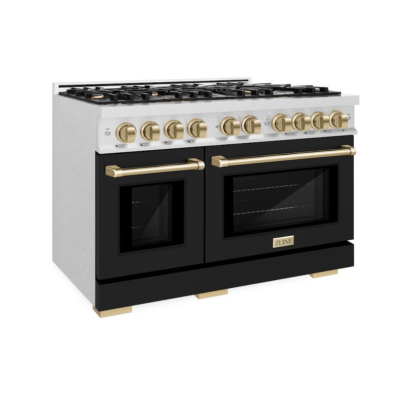 ZLINE Autograph Edition 48 in. 6.7 cu. ft. Select Double Oven Dual Fuel Range with 8 Burner Gas Cooktop in Satin Stainless Steel with White Matte Doors and Champagne Bronze Accents (HDRSZ-WM-48-CB)