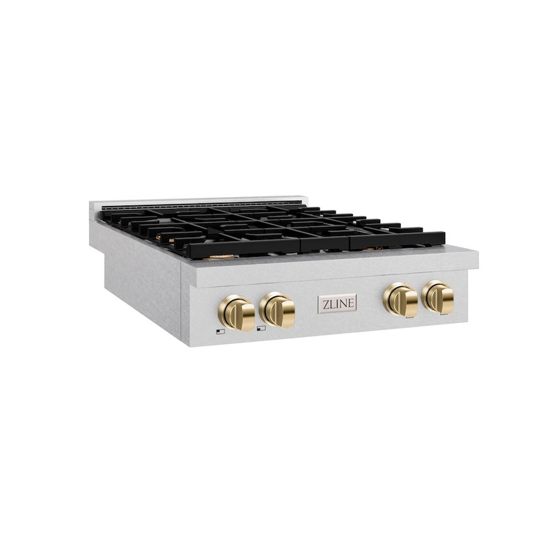 ZLINE Autograph Edition 30 in. Paramount Gas Rangetop with 4 Burners and Porcelain Cooktop in Satin Stainless Steel with Polished Gold Accents (SRTSZ-30-G)