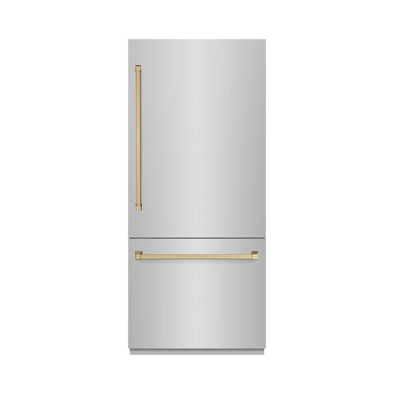 ZLINE Autograph Edition 36 in. 19.8 cu. ft. Built-In Bottom Freezer Refrigerator with Water Dispenser and Ice Maker in Stainless Steel with Champagne Bronze Accents (RBITZ-304-36CB)