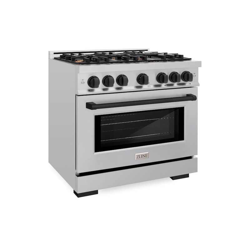 ZLINE Autograph Edition 36 in. 5.2 cu. ft. Select Dual Fuel Range with 6 Burner Gas Cooktop and Electric Convection Oven in Stainless Steel with Black Matte Door and Champagne Bronze Accents (HDRZ-BLM-36-CB)