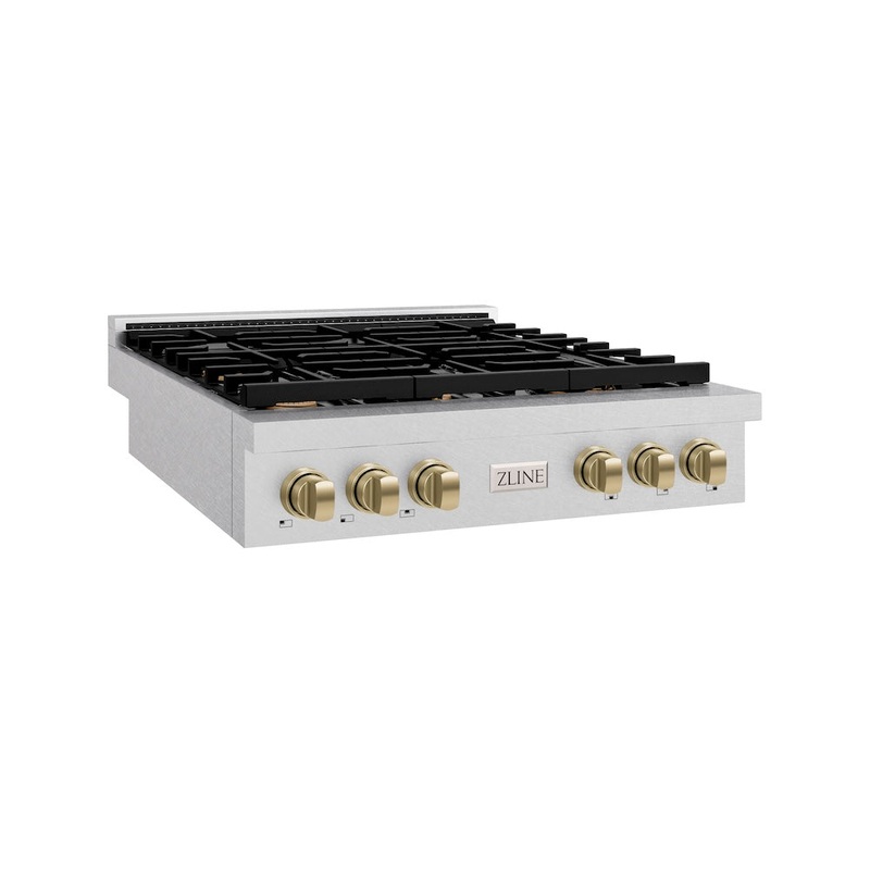ZLINE Autograph Edition 36 in. Paramount Gas Rangetop with 6 Burners and Porcelain Cooktop in Satin Stainless Steel with Champagne Bronze Accents (SRTSZ-36-CB)